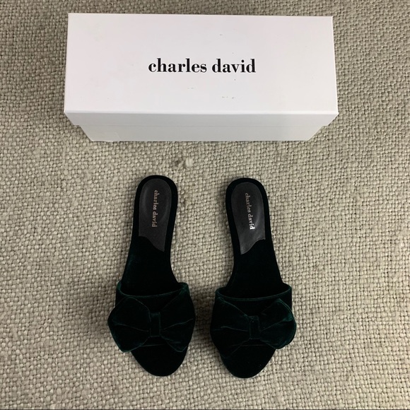 Charles David bow slipper sandals velvet green - Picture 9 of 14